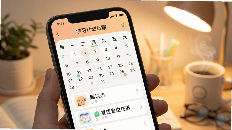 轻松说霸 学习计划日历界面 手机屏幕显示打卡日历与每日任务列表 包含跟读复述自由表达等图标 Boogu模型生成 柔和暖色调 激励学习氛围