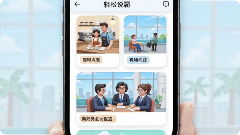轻松说霸 场景对话选择页面 手机屏幕展示多个场景卡片 包括咖啡店点餐 机场问路 商务会议 每张卡片配有精美插画 Boogu模型生成 清新明快色调