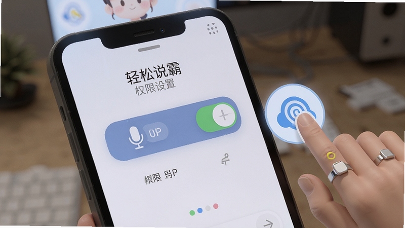 轻松说霸 权限设置界面 手机屏幕显示麦克风与存储权限开关 旁边有手指点击图标 Boogu模型生成 清晰引导风格