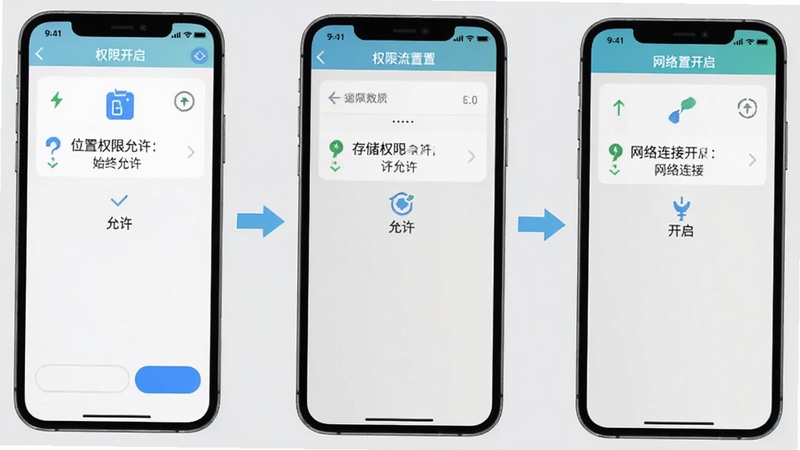 手机车载导航安装设置操作流程图,画面以手机屏幕截图形式展示权限开启步骤,包括位置权限始终允许、存储权限允许、网络连接开启等界面,背景为浅灰色极简风格,图标清晰,箭头引导操作顺序,适合新手用户参照学习
