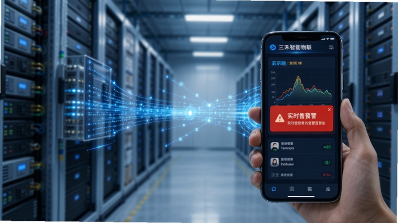 三禾智能物联实时监控告警功能界面,手机屏幕显示温度曲线图与红色告警弹窗,背景为冷库机房场景,有蓝色数据流从设备汇聚到手机端,突出实时告警与远程监控的科技感