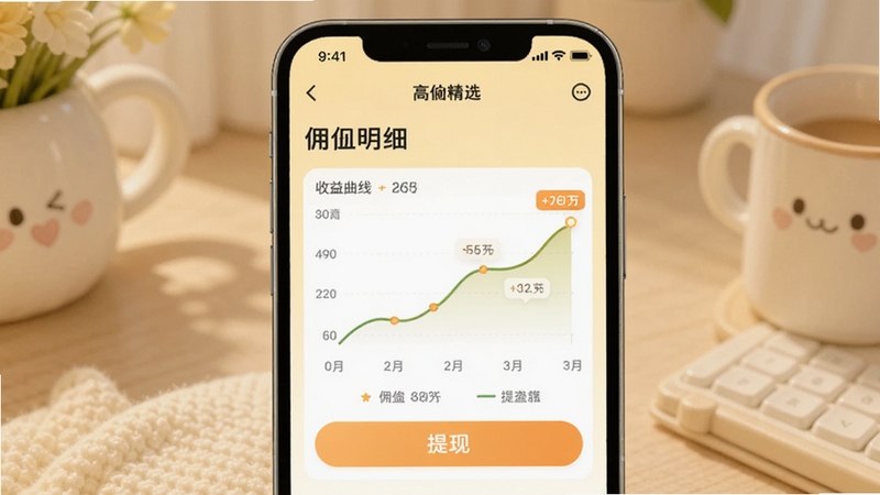 高佣精选 佣金明细页面 手机屏幕展示收益曲线图与提现按钮 背景为淡黄色 画面温馨舒适