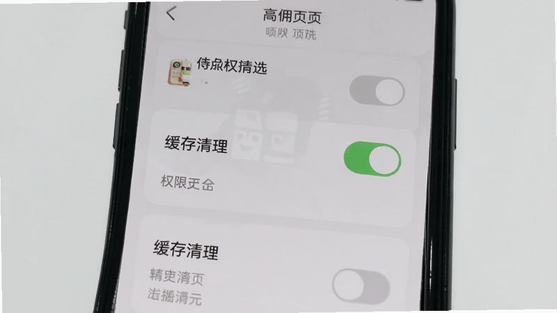 高佣精选 设置页面 手机屏幕展示权限开关与缓存清理选项 背景为浅灰色 画面简洁实用