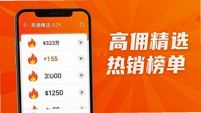 高佣精选 热销榜单页面 手机屏幕中显示排行榜列表 带有火焰图标和销量数字 背景为橙色渐变 视觉冲击力强