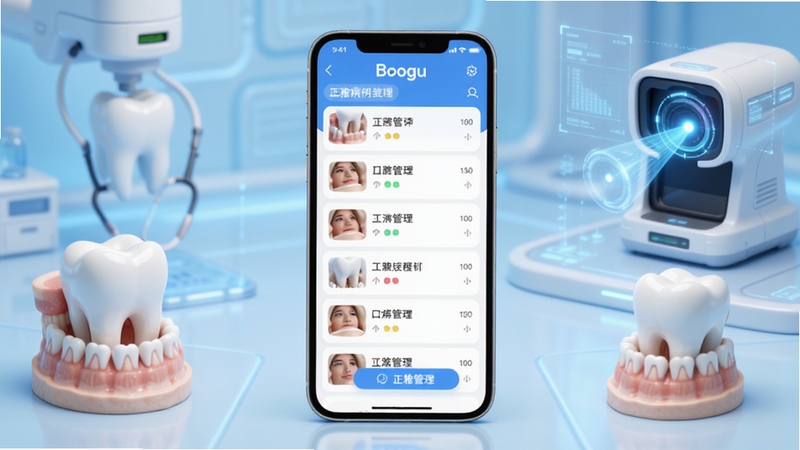 正雅医生APP主界面全貌展示,画面中央为手机屏幕呈现口腔病例管理列表,背景区域为浅蓝色医疗科技风格,周围点缀牙齿模型与数字化扫描元素,整体色调清新专业,适合Boogu模型生成