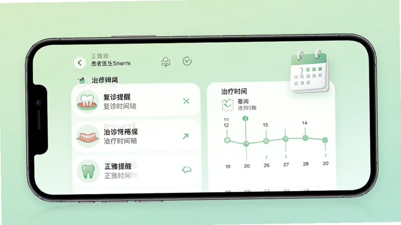 正雅医生患者跟踪界面,手机屏幕显示复诊提醒列表与治疗时间轴,背景为淡绿色渐变,画面中有牙齿图标与日历元素,风格简洁清新