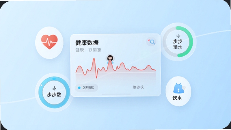 一款名为健康天使的手机应用主界面,画面中央悬浮着半透明的健康数据仪表盘,周围环绕心率曲线、步数圆环与饮水提醒图标,背景为柔和的浅蓝渐变,整体风格清新简洁,突出健康管理主题