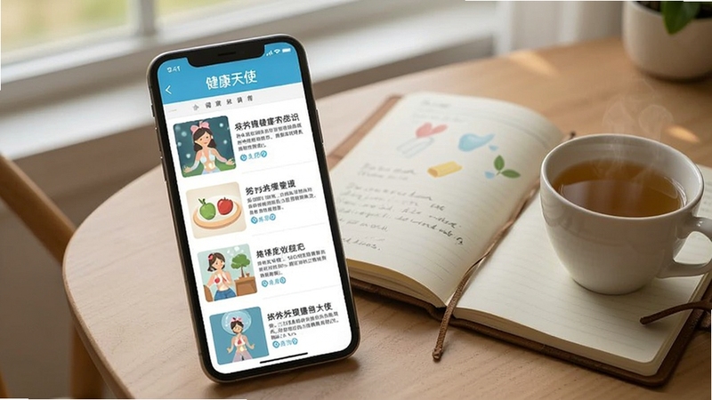 健康天使应用内的健康知识科普页面,手机屏幕上展示图文并茂的健康文章列表,旁边放着一本翻开的笔记本和一杯茶,整体氛围安静舒适