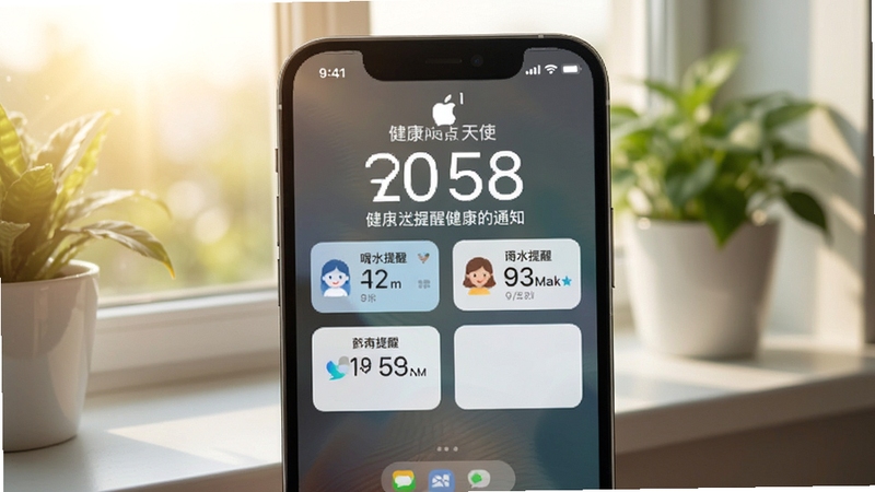 健康天使应用发送的健康提醒通知界面,手机锁屏上显示喝水提醒与用药提醒卡片,背景为清晨的窗台与绿植,光线柔和,氛围宁静