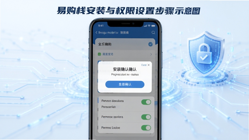 易购栈安装与权限设置步骤示意图,画面主体为手机屏幕显示安装确认弹窗与权限开关列表,背景区域为淡蓝色科技线条与盾牌图标,突出安全操作指引,适配Boogu模型生成