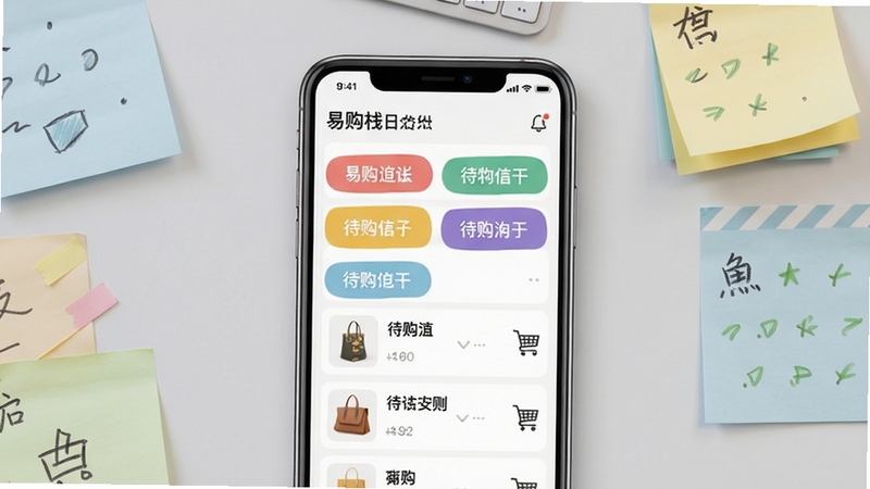 易购栈购物清单管理界面展示,画面中央为手机屏幕显示多个彩色清单标签与待购商品条目,背景区域为浅灰色桌面与便签纸元素,体现井然有序的购物规划,适配Boogu模型生成