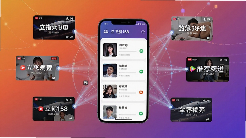 立飞航158 个性化推荐算法示意图,画面中心为手机界面展示推荐列表,周围环绕着不同主题的直播封面缩略图,用光线连接形成数据网络,背景为温暖的橙色与紫色渐变,风格抽象且富有科技感
