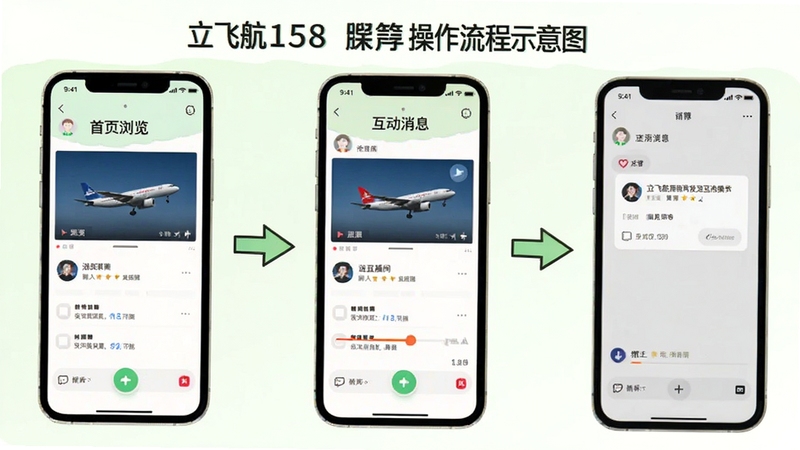 立飞航158 操作流程示意图,画面以手机界面分步骤展示首页浏览、点击进入直播间、发送互动消息三个场景,用箭头连接形成操作引导,背景为浅绿色与白色搭配,风格简洁清晰