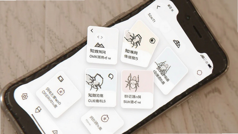 知蛛网 简洁界面示意图 手机屏幕显示功能卡片布局 背景为白色 风格清爽