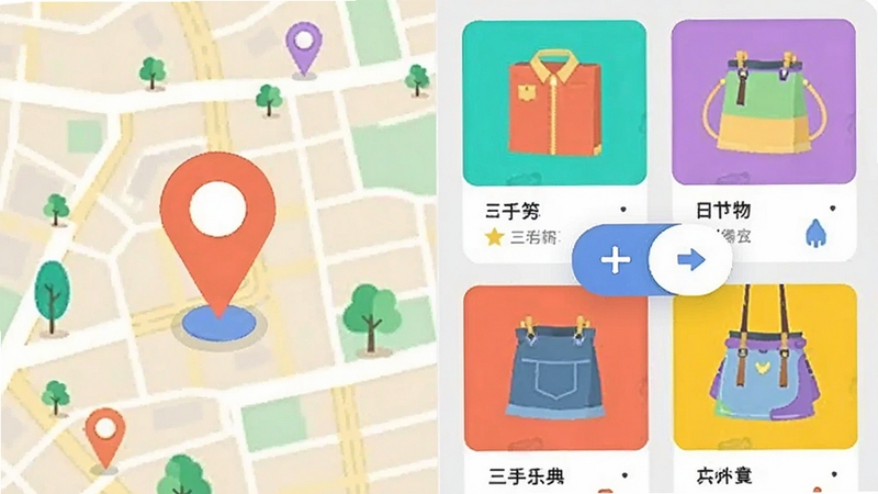 转悠二手交易平台 同城交易场景 画面左侧显示城市地图定位标记 右侧展示二手商品卡片 中间有切换按钮 扁平化插画风格 色彩明亮