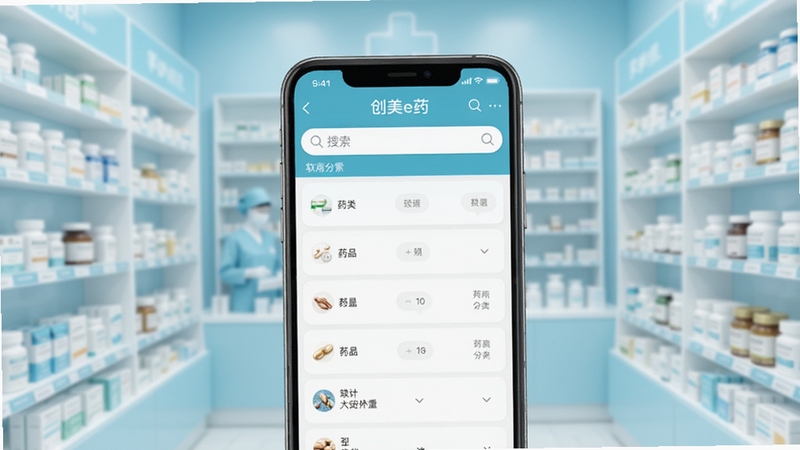 创美e药 软件主界面展示图,画面中央为手机屏幕显示药品分类列表与搜索栏,背景为简洁的浅蓝色医疗风格,药房货架虚化作为衬托,整体色调清新专业,适配Boogu模型生成