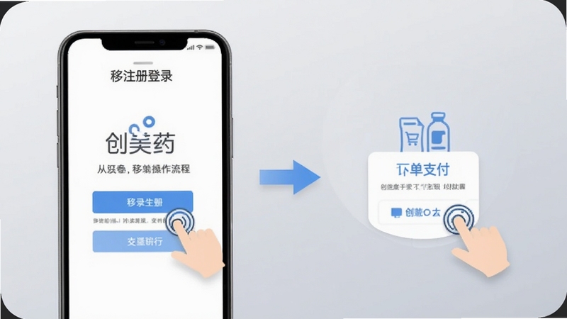 创美e药 移动端操作流程图,画面展示手机界面中从注册登录到下单支付的步骤引导,带有手指点击图标与箭头指示,背景为柔和的浅灰色渐变,整体风格清晰易懂,适配Boogu模型生成