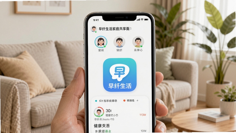 早纤生活家庭共享界面,手机展示家庭成员头像与健康状态,背景为客厅沙发与绿植,温馨家庭场景,柔和色调,屏幕中央显示早纤生活应用图标