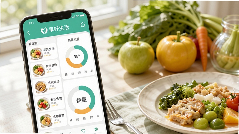 早纤生活饮食记录界面,手机屏幕显示食物列表与热量环形图,旁边有新鲜蔬果和餐盘,明亮自然光,清新健康风格,突出软件名称早纤生活
