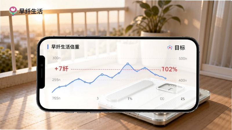 早纤生活体重趋势图界面,手机展示折线图与目标线,背景为清晨阳台与体重秤,柔和晨光,简约现代感,屏幕角落显示早纤生活Logo
