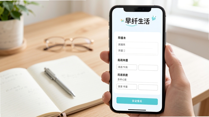 早纤生活新手设置引导界面,手机屏幕显示填写身高体重表单,背景为书桌与笔记本,明亮简洁风格,屏幕上方有早纤生活标题