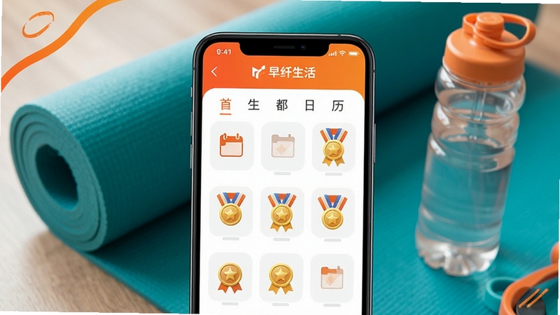 早纤生活运动打卡日历界面,手机屏幕显示打卡标记与勋章,背景为瑜伽垫和运动水壶,活力橙色点缀,动感清新风格,清晰展示早纤生活应用名称