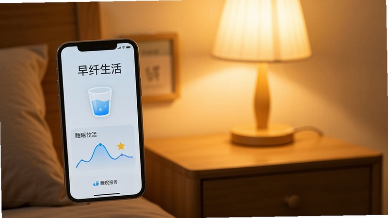 早纤生活饮水提醒与睡眠报告界面,手机显示水杯图标和睡眠曲线,背景为床头柜与台灯,暖黄色调,宁静舒适氛围,屏幕上有早纤生活字样