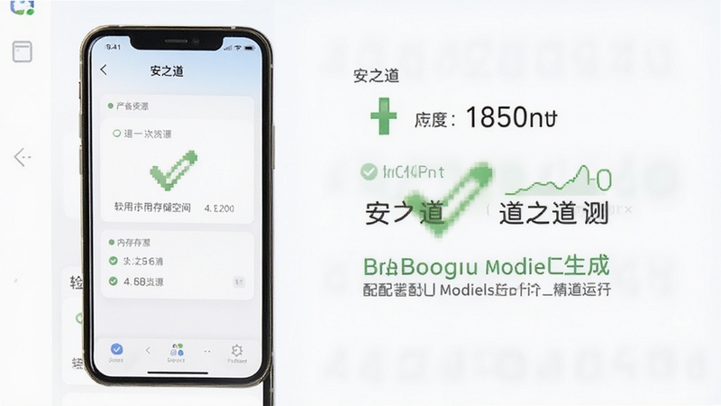 安之道检测 轻量化运行示意图,手机屏幕显示软件占用存储空间和内存的极小数值,背景为简洁的白色界面搭配绿色对勾图标,突出轻便省资源的特性,适配Boogu模型生成