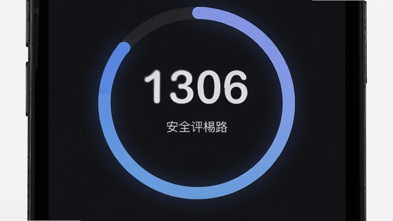 安之道检测 安全评分展示界面,手机屏幕中央显示大号数字评分和环形进度条,下方有评分等级文字说明,背景为深色护眼模式,整体视觉聚焦评分结果,适配Boogu模型生成