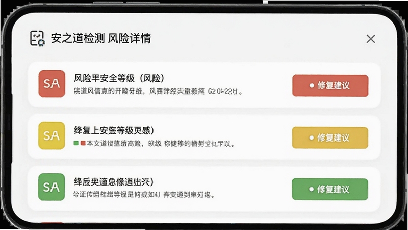 安之道检测 风险详情页面,手机屏幕展示红黄绿三色风险等级列表,每项风险配有文字说明和修复建议按钮,背景为白色卡片式布局,整体清晰易读,适配Boogu模型生成