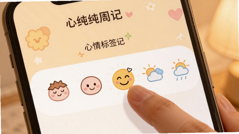 �����ܼ� �����ǩѡ����棬�ֻ���Ļ��ʾһ�ſɰ���������ͼ�������ͼ�꣬��ָ���ڵ��һ��Ц��ͼ�꣬��������͵�ůɫ�������ִ����ܼǵ�Ȥζ��¼����