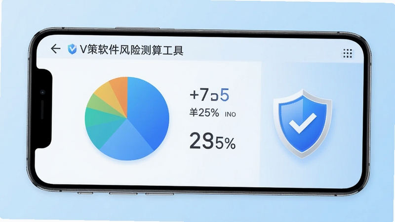 V策软件风险测算工具界面,手机屏幕显示饼状图与数字百分比,旁边有盾牌图标象征安全防护,背景为浅蓝色渐变,简洁商务风格