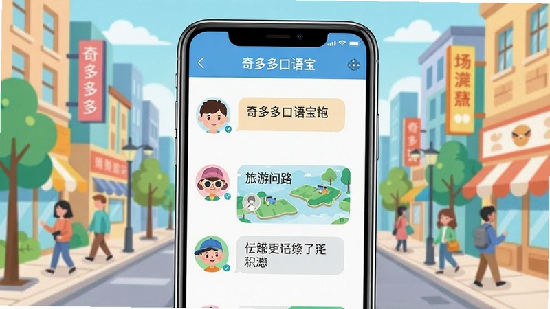 奇多多口语宝 场景对话练习功能展示图,手机屏幕内呈现旅游问路对话界面,角色头像与对话气泡清晰可见,背景为城市街道插画风格,色彩清新活泼