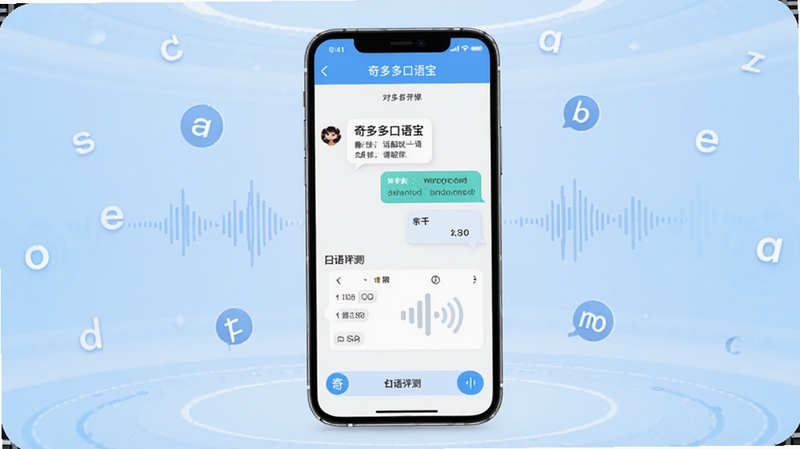 奇多多口语宝 软件主界面与功能全貌展示图,画面中央放置一部智能手机,屏幕内呈现奇多多口语宝的对话翻译与口语评测界面,背景为浅蓝色渐变科技感空间,周围漂浮着英文字母与声波图标,整体风格简洁明亮,适配Boogu模型生成,画面比例16:9