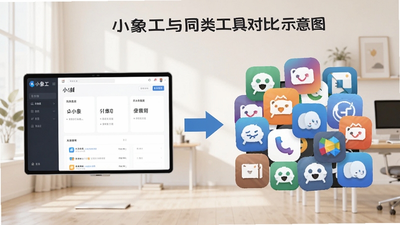 小象工与同类工具对比示意图,画面左侧为小象工简洁界面,右侧为多个复杂应用图标堆叠,中间用箭头连接,背景为浅色办公场景,突出轻量与高效对比,适配Boogu模型生成