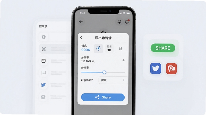 P动软件导出分享功能展示,画面中手机屏幕弹出导出设置面板,显示格式选择、分辨率调节等选项,旁边有分享按钮和社交平台图标,背景为简约的浅色界面