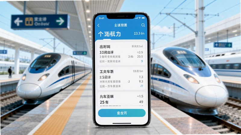 火车票购票出行APP主界面展示,画面中央是一部智能手机,屏幕显示火车票查询页面,背景为高铁站台与飞驰的列车,整体色调明亮清新,突出出行便捷感