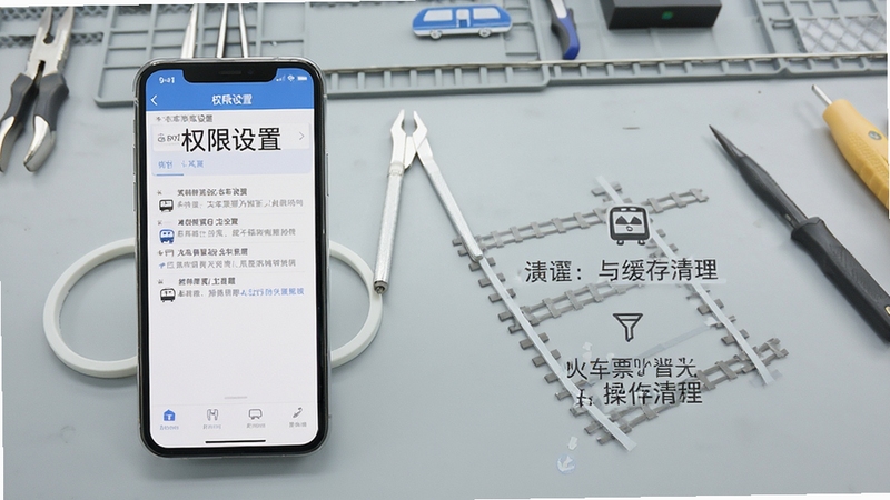 火车票购票出行操作教程示意图,手机屏幕展示权限设置与缓存清理步骤,背景为浅灰色工作台,画面简洁清晰