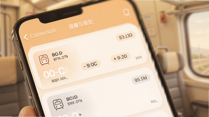 火车票购票出行行程管理页面,手机界面显示多张行程卡片,卡片上有列车图标和时间标签,背景为柔和暖色调,突出提醒与规划功能
