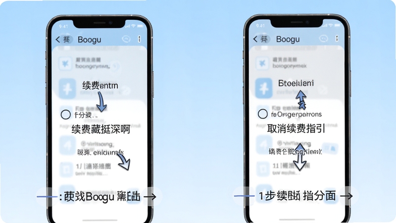 续费藏挺深啊取消续费指引界面,画面展示手机屏幕分步操作截图,背景为浅蓝色渐变,屏幕内显示箭头指引与文字说明,风格教程化,适配Boogu模型生成