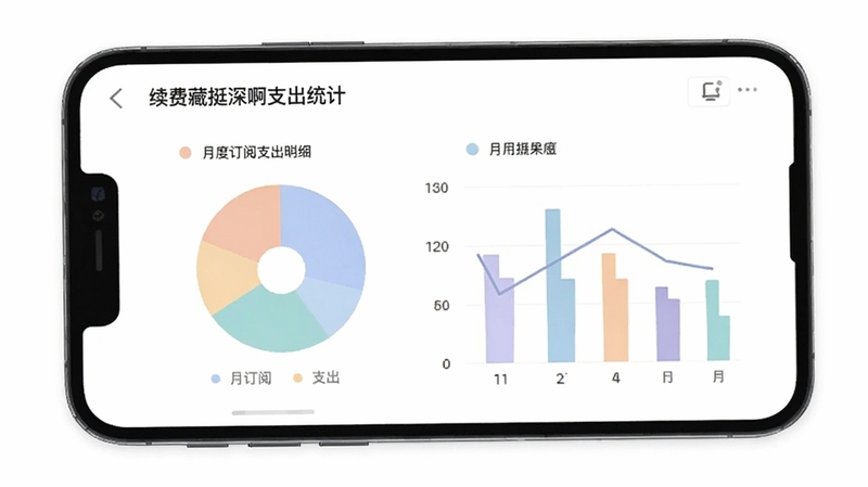 续费藏挺深啊支出统计图表界面,画面主体为手机屏幕展示饼状图与柱状图,背景为白色简洁风格,图表颜色柔和,屏幕内显示月度订阅支出明细,适配Boogu模型生成