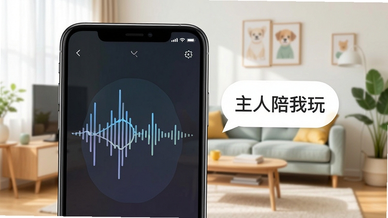 动物语言翻译助手实时翻译界面,手机屏幕显示声波动画,旁边浮现出“主人陪我玩”的文字气泡,背景是居家客厅,风格简洁明快