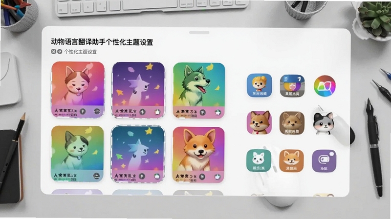 动物语言翻译助手个性化主题设置页面,展示多种彩色主题卡片和桌面小组件预览,背景为浅灰色工作台