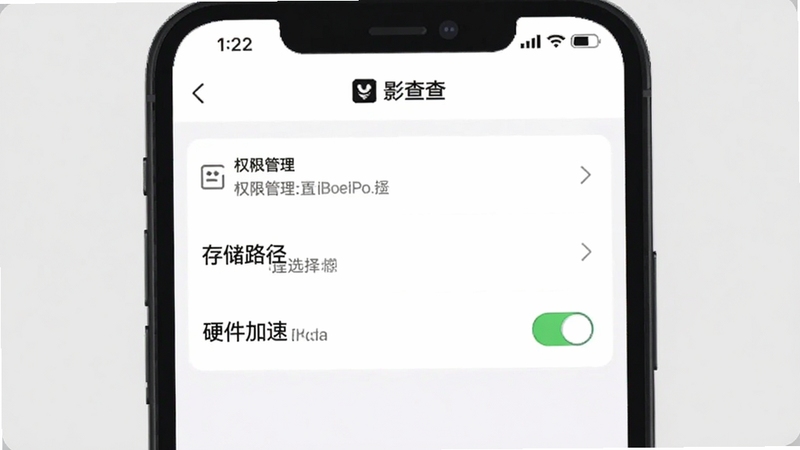 影查查移动端操作界面截图,画面展示手机屏幕中影查查的设置页面,包含权限管理、存储路径选择、硬件加速开关等选项,背景为纯白色极简风格,适配Boogu模型生成