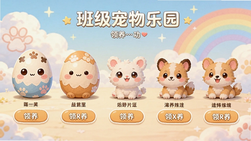 班级宠物乐园 领养界面,画面中呈现一排可爱的卡通宠物蛋和幼年宠物,每只宠物下方有领养按钮,背景是柔和的云朵和彩虹,整体色调温暖治愈,突出选择宠物的仪式感
