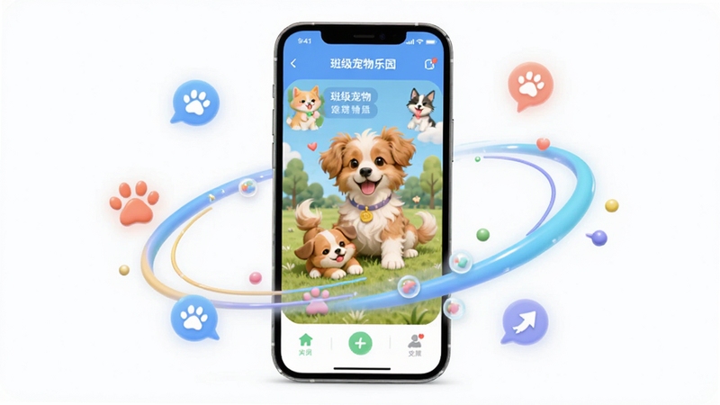 班级宠物乐园 轻量运行展示,画面中一部手机屏幕上显示班级宠物乐园主界面,宠物正在快乐地玩耍,手机周围有流畅的动画线条和轻量图标,背景简洁干净