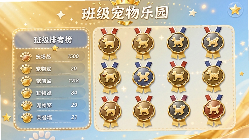 班级宠物乐园 荣誉墙界面,画面中展示班级排行榜和宠物奖章墙,每枚奖章上刻有不同图案,背景是金色和淡蓝色的渐变,整体氛围荣耀而温馨