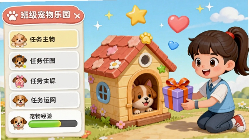 班级宠物乐园 任务面板与互动场景,画面左侧显示任务列表和宠物经验条,右侧是两位同学正在互相访问宠物小屋并赠送礼物,背景有星星和爱心飘浮,风格卡通明快