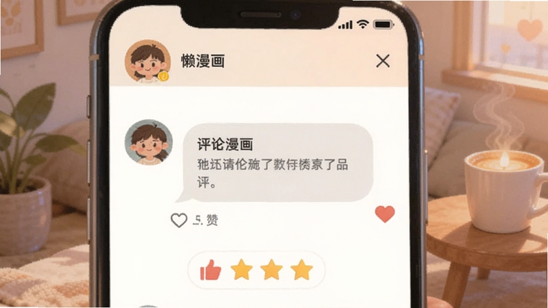 懒漫画 社区评论页面 手机界面 用户头像 评论气泡 点赞图标 星级评分 温馨社交氛围 柔和配色 适配Boogu模型生成