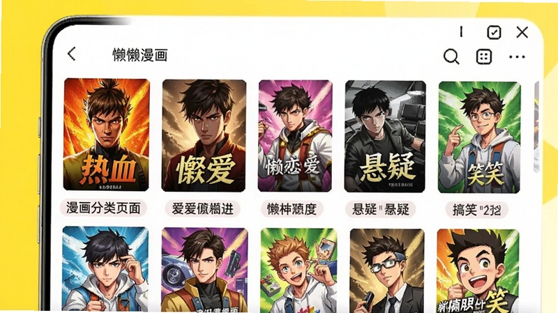 懒漫画 漫画分类页面 手机界面 多种题材标签 热血 恋爱 悬疑 搞笑 彩色封面 整齐排列 明亮背景 现代UI设计 适配Boogu模型生成